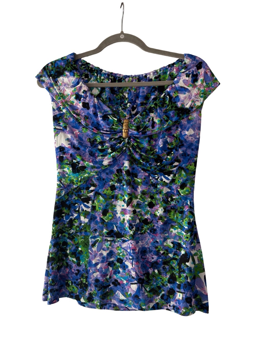 Roberto Cavalli Blue Floral Draped Cowl Neck Top with Gold Detail